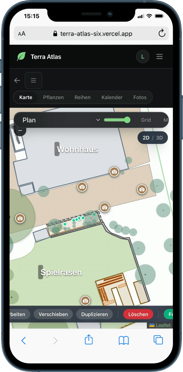2D satellite view of a garden with plant markers